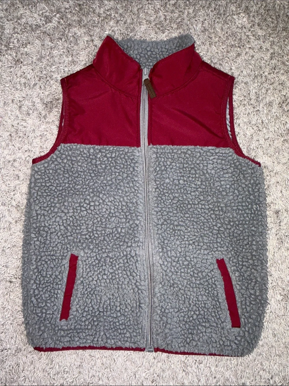 Carter's Gray Sherpa Vest with Dark Red Accents